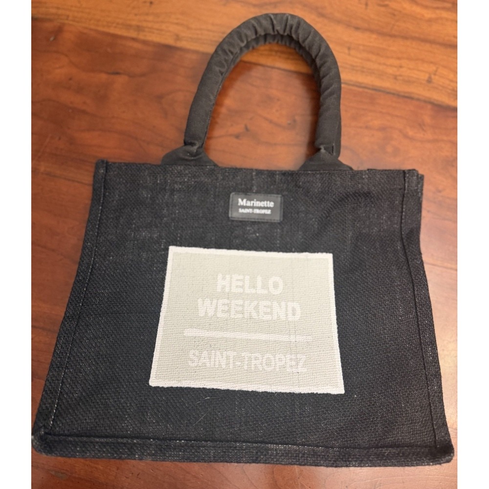 Marinette Saint-Tropez "Hello Weekend" Jute Tote Bag Black Beach Travel Shopper